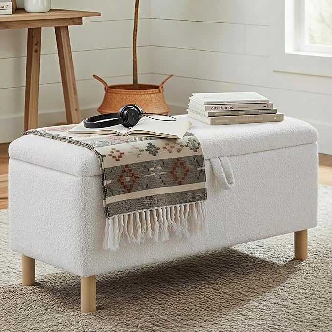 Ottoman with Storage, Storage Ottoman Bench, Entryway Bench with Wood Legs for Living Room, Sitting Area,Cream