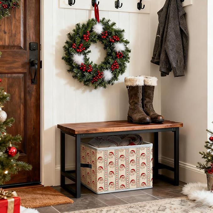 Christmas Santa Storage Bins, Red and Green Stripe Christmas Santa Claus Snowflakes Holiday Foldable Closet Organizers Storage Basket Toybox for Clothes Bed Sheets Blankets Toys