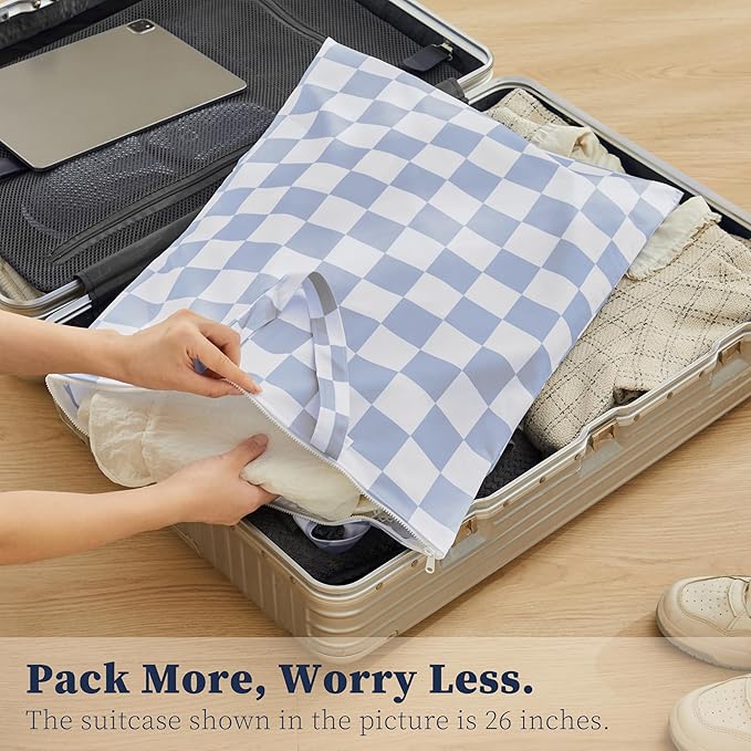 Checkered 2 Pcs Large Travel Laundry Bags for Dirty Clothes, Aesthetic Trendy Waterproof Washable Laundry Bag with Handle for Travel, Gym, Swimming Pool, Blue