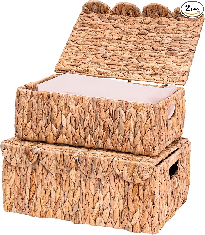 Set of 2 Scalloped Edge Wicker Basket with Lids, Rectangle Wicker Storage Basket with Built-in Handles, Multipurpose Organizer Rattan Display Boxes for Shelf, Nursery Room