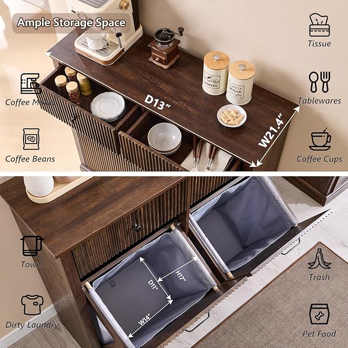 Modern Double Tilt-Out Laundry Hamper Cabinet, 20 Gallon Fluted Trash Can Cabinet w/2 Drawers, Wooden Hidden Garbage Can Cabinets w/Laundry Basket, Free Standing for Bathroom and Kitchen, Brown