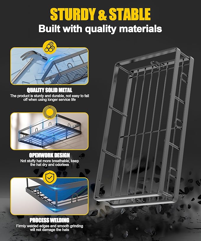 2 Packs Metal Hat Rack for Wall, Holder with Multiple Hooks, Organizer for up to 40 Baseball Caps, Sturdy Wall Drilled Rack, Storage for Door/Closet, Black