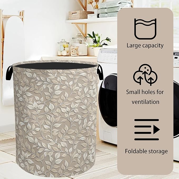 Beige Leaves Modern Laundry Basket - Heavy Duty 60L Dirty Clothes Organizer, Water Resistant Foldable Hamper for Men Women