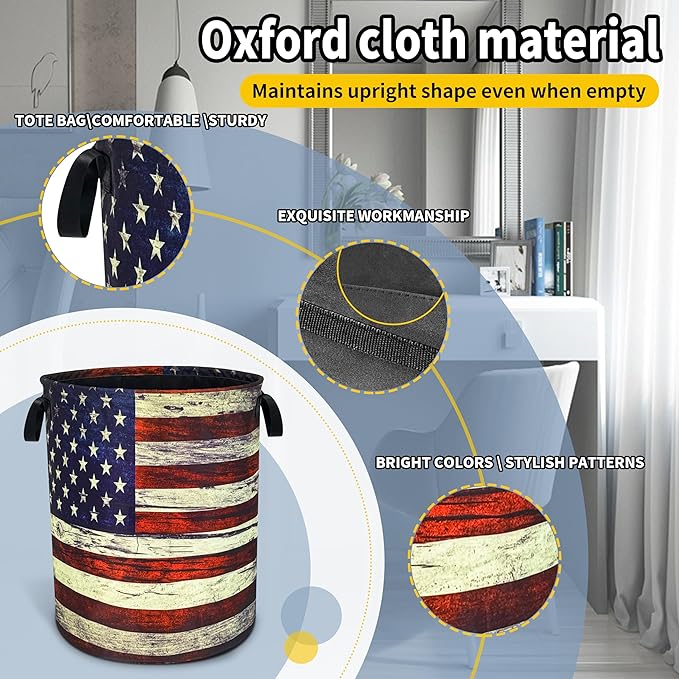 Retro American Flag Laundry Basket Patriotic Foldable Oxford Cloth Funny Tote Bag Laundry Hamper Clothes Storage Bucket Toy Organizer For Bathroom/Laundry Storage/Bedroom 18.9x16.5 Inch