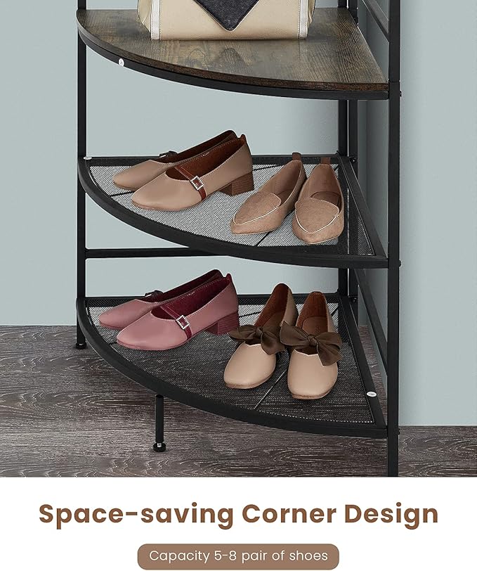 Recaceik Corner Coat Rack, Multifunctional Entryway Corner Shoe Rack with 8 Metal Double Hooks and Storage Shelf, Freestanding Corner Hall Tree Stand Storage for Living Room, Office, Rustic Brown