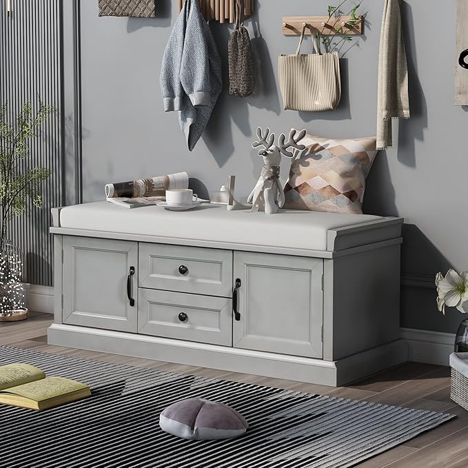 Knocbel 42.5" Entry Storage Bench with Removable Cushion, 2 Drawers and 2 Cabinets, Entryway Hallway Foyer Shoe Bench End of Bed Bench with Aluminum Handles, 200lbs Weight Capacity (Gray Wash)