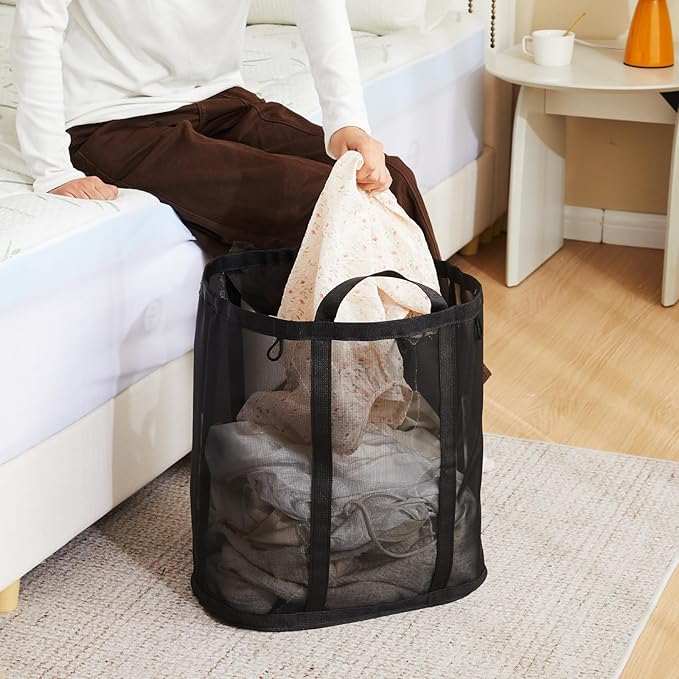 Mesh Laundry bag with Handles, 42L Collapsible Laundry Basket with 2 Hooks, Wall-Mounted Foldable Laundry Hamper Hanging for Bathroom, Dorm or Travel (Black, 1 Pack）