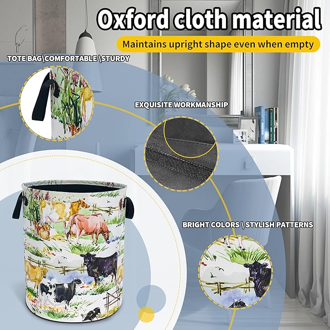 Cow Laundry Basket Farm Animals Foldable Waterproof Oxford Cloth Funny Tote Bag Laundry Hamper Clothes Storage Bucket Toy Organizer For Bathroom/Laundry Storage/Bedroom 18.9x16.5 Inch