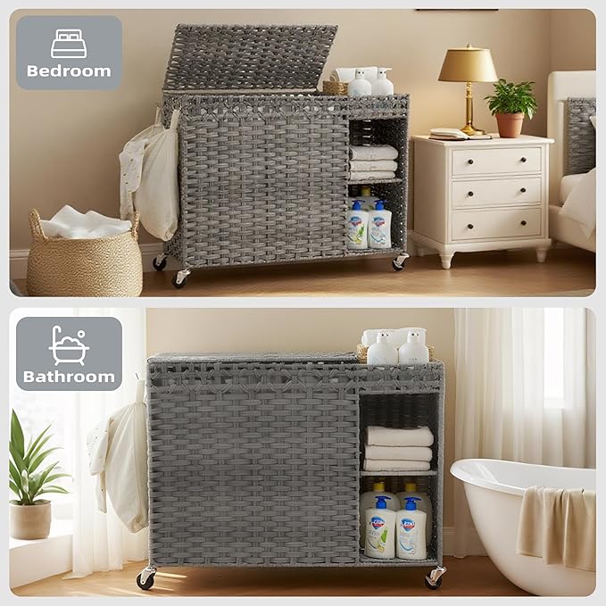 Laundry Hamper with Lid, 160L Rattan Wicker Laundry Basket with Wheels, Handwoven Laundry Hamper 3-Section with Storage shelf(42.3 Gal), Laundry Sorter Basket with Removable Liner, GreyHLH033G