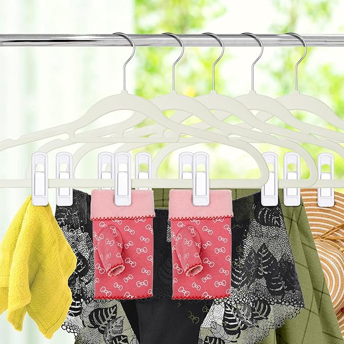 Tinfol White Velvet Hanger Clips, 80PC Pants Velvet Clips, Clothes Hanger Clip Clothes Pin, Strong Finger Flocked Clip Perfect for Slim-line Clothes Velvet Hangers