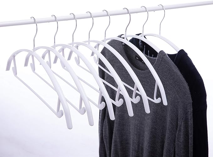 16.5 Inch Pack of 20 White No Shoulder Bumps Non-Slip Rubber Coating Contour Metal Hangers, Sweater Hanger, Suit Hanger with Pants Bar