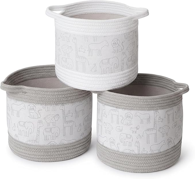 RGI Home Decorative Storage Baskets with Zoo Animal Prints, Set of 3 Round Fabric Rope and Linen Bins for Nursery or Playroom Organization, Multi-Sized with Easy-Carry Handles, Vapor Blue and White