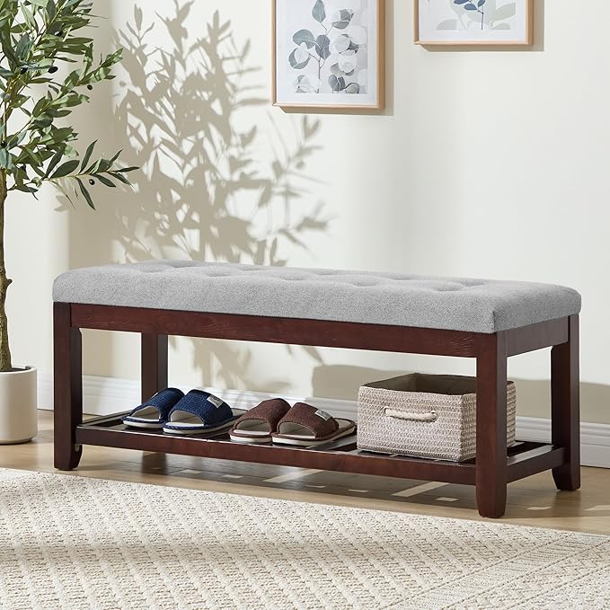 Shoe Bench Entryway, 44" End of Bed Bench,Upholstered Linen Bench for Living Room,Fabric Ottoman Bench with Solid Wood Shelf for Bedroom, Entrance Lightgrey