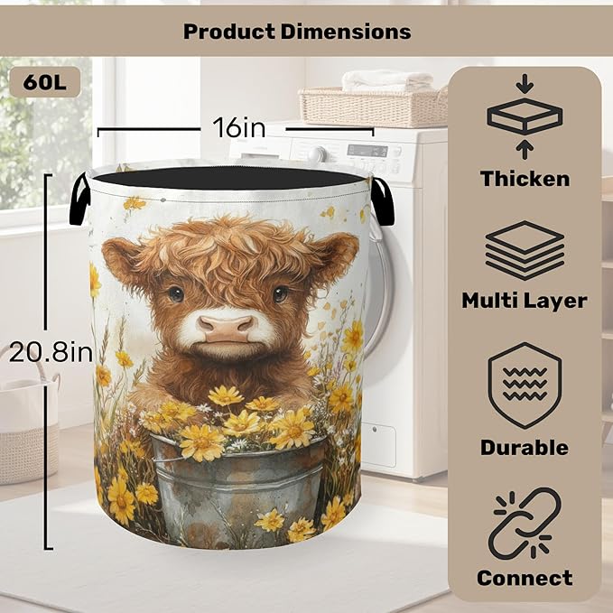 Cute Highland Cow Flower Foldable Canvas Laundry Basket with Handles - Storage Organizer, Heavy Duty for Home，Bedroom, Dorm, Bathroom