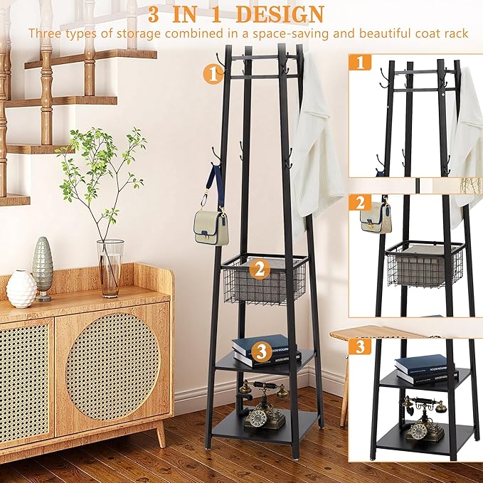VECELO Coat Rack Freestanding,Hall Tree with Metal Basket and Storage Shelves,Industrial Coat Rack Stand with 8 Hooks for Hanging Coats/Hats/Bags/Umbrellas,18 x 18 x 72 In,Matte Black