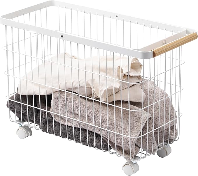 Yamazaki Home Tosca Compact Rolling Laundry Basket Cart - Metal Hamper With Wheels And Handle For Easy Mobility - Space-Saving Storage Solution, 15" - Steel + Wood - 9.2 Gallons, 35L