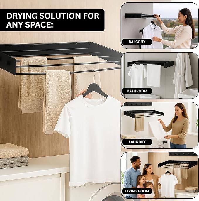 Wall Mounted Drying Racks for Laundry (31.5 Inches Wide) – Retractable Clothes Drying Rack Wall Mounted with Carbon Steel Panel 6 Knobs & 5 Aluminium rods, Wall Drying Rack with Screws (Black)