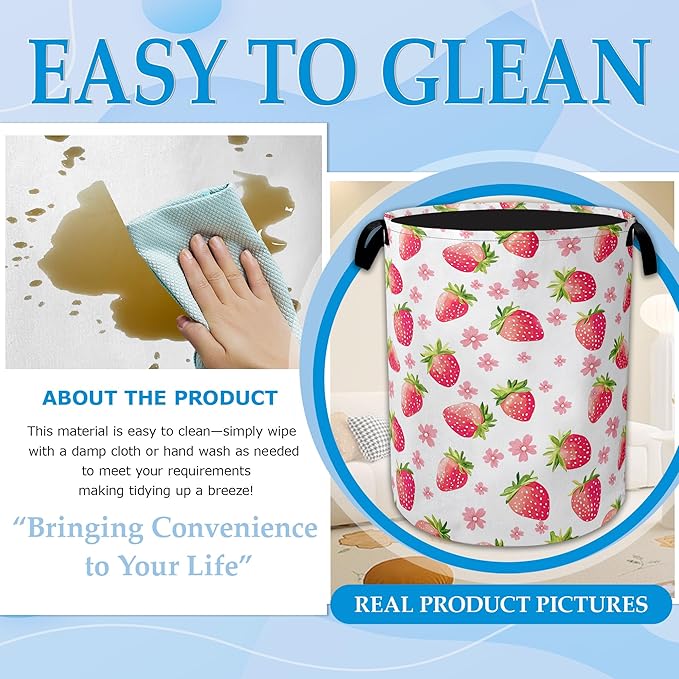Straberry Flower Laundry Basket Collapsible Laundry Hamper Clothes Toy Storage Bin for Bathroom Bedroom Room Decor 16" X 20.8"