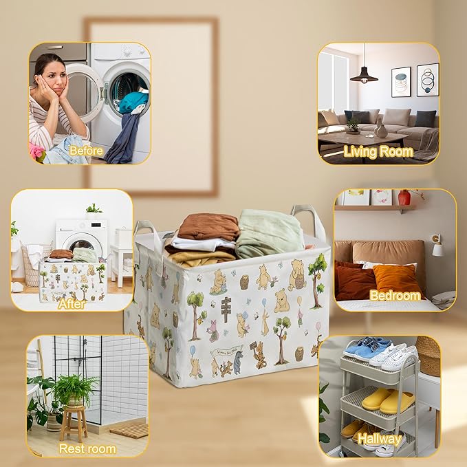 Winnie Storage Nursery Basket,Large squarecanvas Laundry Hamper WithWinnie baby Stuff A Waterproof PECoating, Foldable, Bathroom and Bedroom SetClothes ,Toys Bin, Baby Nursery HamperDecor