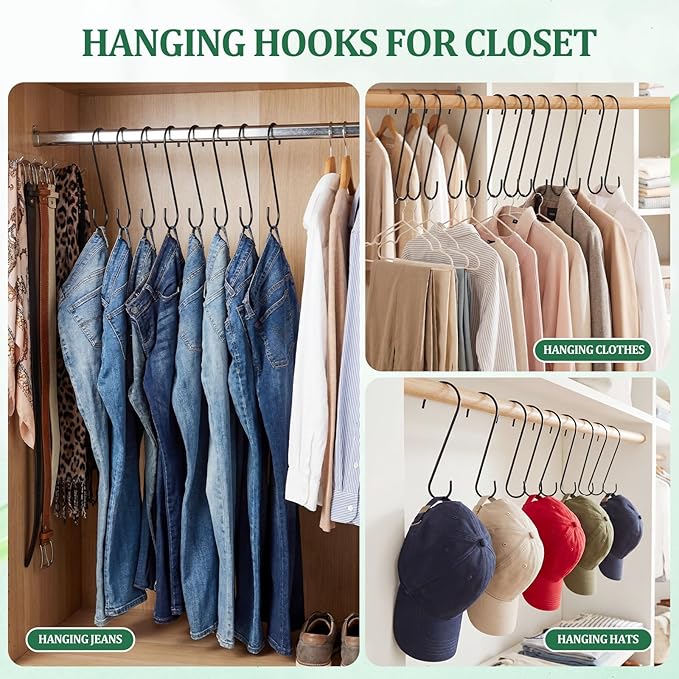 24 Pack 10 Inch Medium S Hooks for Hanging Plants & Closet Organization, Black Vinyl Coated Metal Hangers for Jeans Purses Towels Bird Feeders Heavy Duty Utility Metal Hooks
