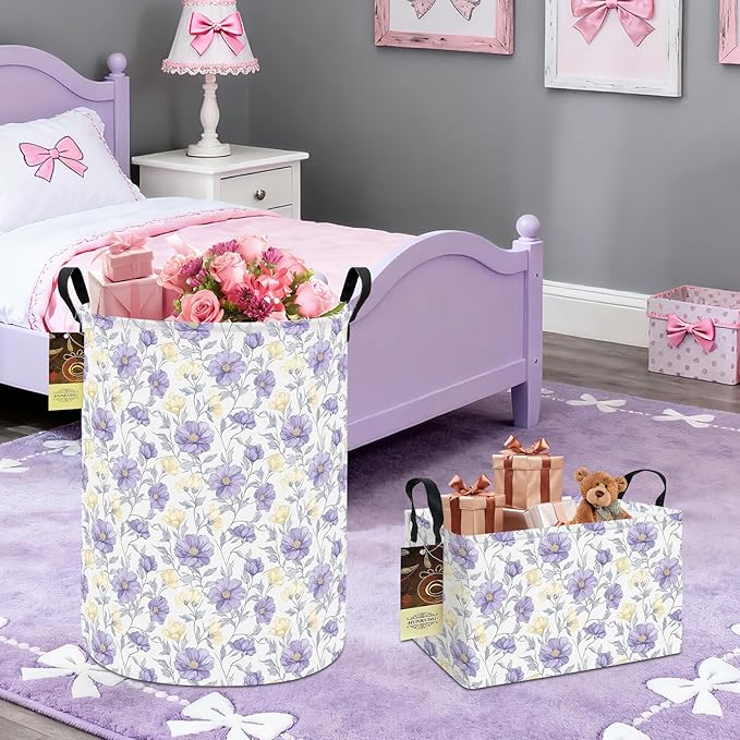 HUNRUNG Laundry Hamper,Large Canvas Fabric Lightweight Storage Basket Toy Organizer Dirty Clothes Collapsible Waterproof for College Dorms（Round-Purple Flowers）