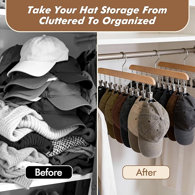3 Pack Hat Organizer Hanger with 10 Adjustable Stainless Steel Clips, Hat Hangers for Closet, Cap Organizer for Closet, Hats Holder for Ball Caps & Accessories
