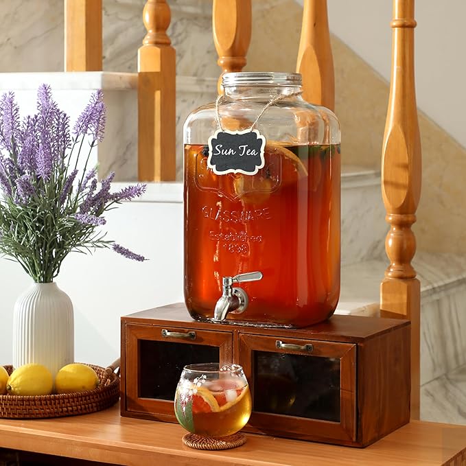 2 Gallon Glass Drink Dispenser - Stainless Steel Leakproof Spigot and Lid, Beverage Glass Drink Dispensers for Parties, Water Beverage Dispenser Liquid Laundry Detergent Dispenser