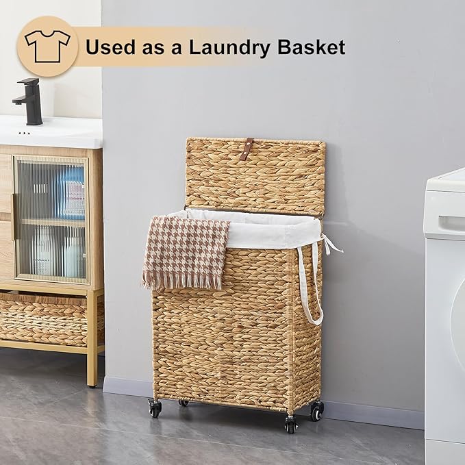 Rolling Laundry Hamper with Lid and Wheels, Slim Laundry Basket with Removable Liner Bag & 2 Mesh Bags, Handwoven Water Hyacinth Clothes Hamper for Bedroom Bathroom (Natural, 65L)