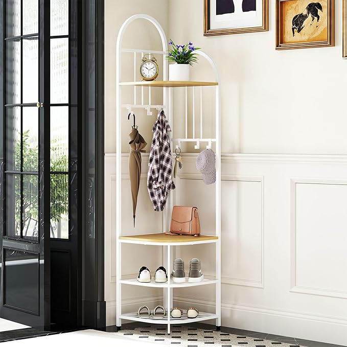 Tangkula Corner Hall Tree, 71 Inch Tall Entryway Coat Rack with Shoe Bench & 4 Storage Shelves, 6 Movable Hooks, Freestanding Metal Corner Clothes Rack for Bedroom Hallway Living Room
