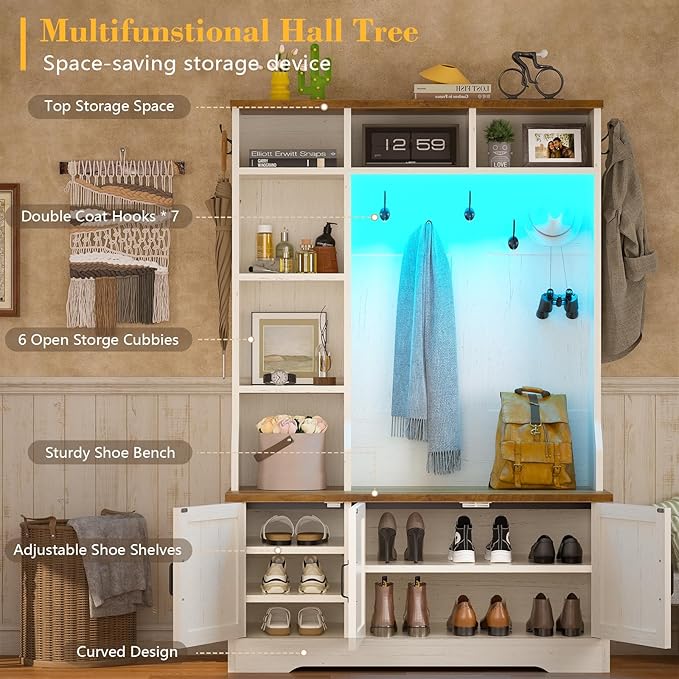 Hall Tree with Bench and Shoe Storage, Farmhouse Entryway Bench with Coat Racks and Led Lights, Tall Hall Tree with 7 Coat Hooks, 6 Storage Cubbies, Adjustable Shelf