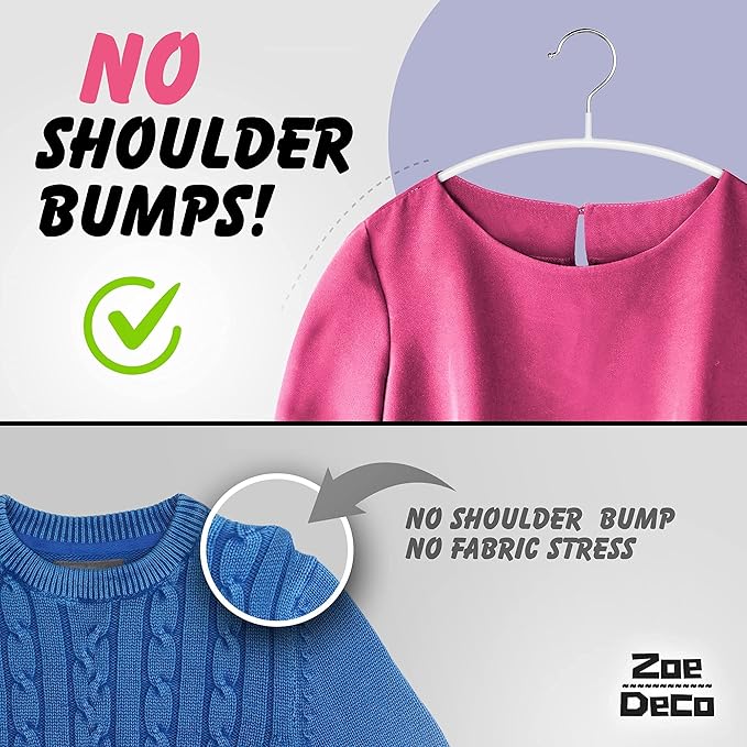 Clothes Hangers - 10 Pack, White - Solid Premium Steel Iron Clothing & Sweater Hangers - Non-Slip No Shoulder Bumps with Grippy Coating - Sleek, Slim & Rounded - Space Saving Solution - by Zoe Deco