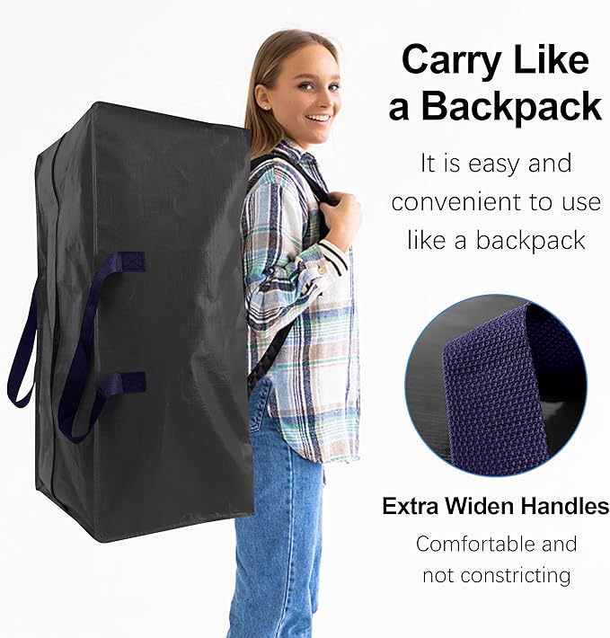 Heavy Duty Extra Large Moving Bags W/Backpack Straps - Strong Handles & Zippers, Storage Totes For Space Saving, Fold Flat, Alternative to Moving Box and Storage Bin (Set of 6, Black)