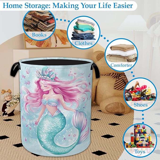 Cartoon Mermaid Laundry Basket Collapsible Laundry Hamper Clothes Toy Storage Bin for Bathroom Bedroom Room Decor 16" X 20.8"