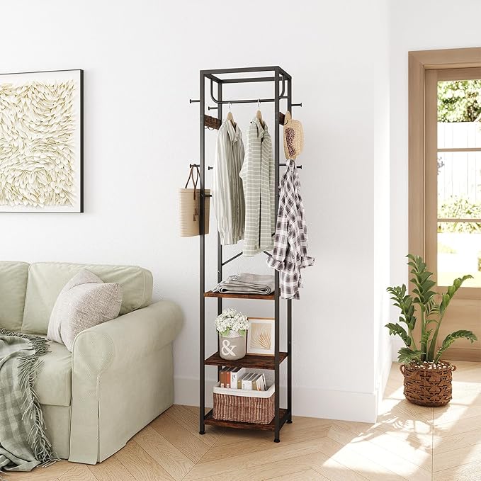 ELYKEN Coat Rack Freestanding, Hall Tree with 3 Storage Shelves and 12 Hooks, Industrial Clothes Rack Stand Organizer for Bedroom, Hallway, Entryway, Office, Living Room, Rustic Brown