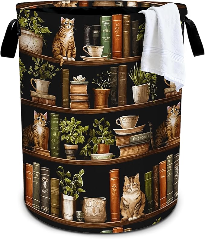 Wooden Bookshelf Cat Laundry Basket Storage Bin Foldable Laundry Hamper Clothes Storage Bucket Organizer 19.6x15.7 Inch For Laundry Room/Bedroom/Bathroom