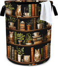 Wooden Bookshelf Cat Laundry Basket Storage Bin Foldable Laundry Hamper Clothes Storage Bucket Organizer 19.6x15.7 Inch For Laundry Room/Bedroom/Bathroom