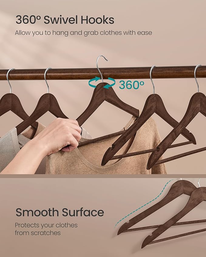 SONGMICS Wooden Hangers, Pack of 30, Coat Hangers, Pants Bar, 360° Swivel Hooks, Solid Birch Wood, Space Saving, for Jackets, Shirts, Coats, Walnut Brown UCRW030K02