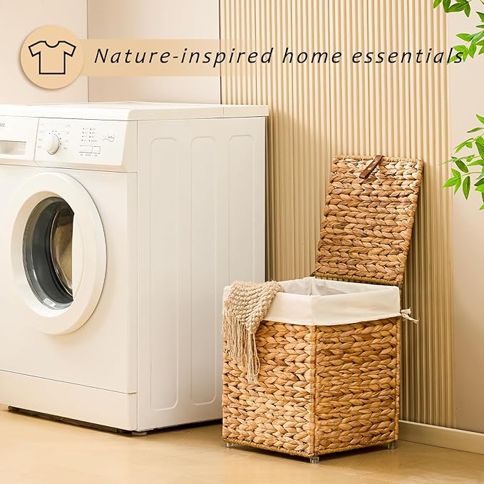 Mini Handwoven Laundry Basket with Lid, Natural Water Hyacinth Storage Basket with Handle, Removable Cotton Liner, Durable and Stylish for Bedroom, Bathroom, Laundry Room