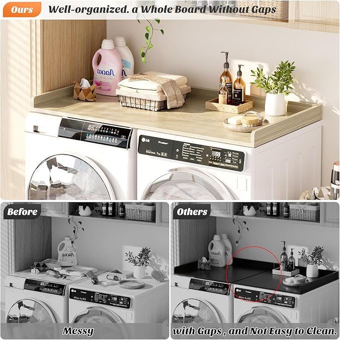 Aheaplus Washer and Dryer Countertop, Laundry Room Organization with Non-Slip Pads, Wood Shelf Topper with Round Corner Edge Rails, Folding Organizer for Laundry, 54" W x 27.5" D, White Oak