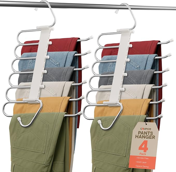 Space Saving Pants Hangers 4 Pack, 6 Layer Jeans Hangers and Closet Organizer for Jeans, Scarves, & Skirts, Multi-Layer Hanger with Anti-Slip Stopper, Heavy-Duty S-Type Stainless Steel, White