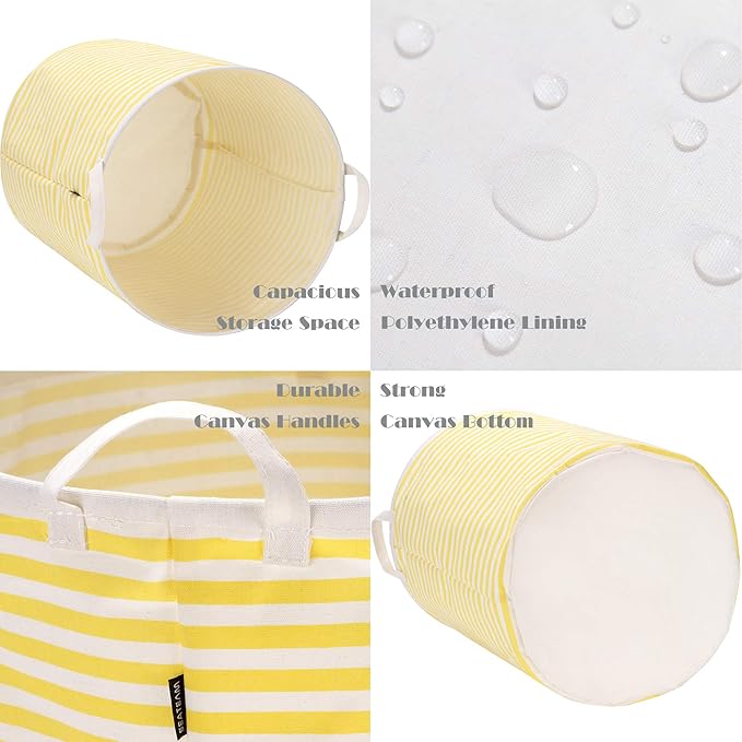 Sea Team 19.7 Inches Large Sized Waterproof Coating Ramie Cotton Fabric Folding Laundry Hamper Bucket Cylindric Burlap Canvas Storage Basket (19.7", Stripe/Yellow)