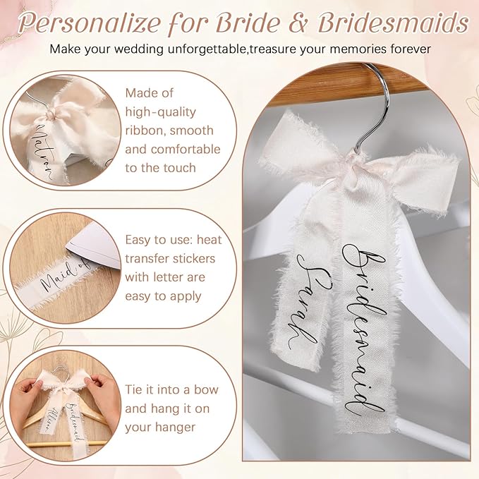 Chunful 10 Pack Personalized Bride Hanger for Wedding Dress Custom Name White Wooden Bridal Hangers with UV Dtf Transfers Natural Wood Dress Hanger with Ribbon Bow Bride Wedding (Silk Ribbon,Ivory)