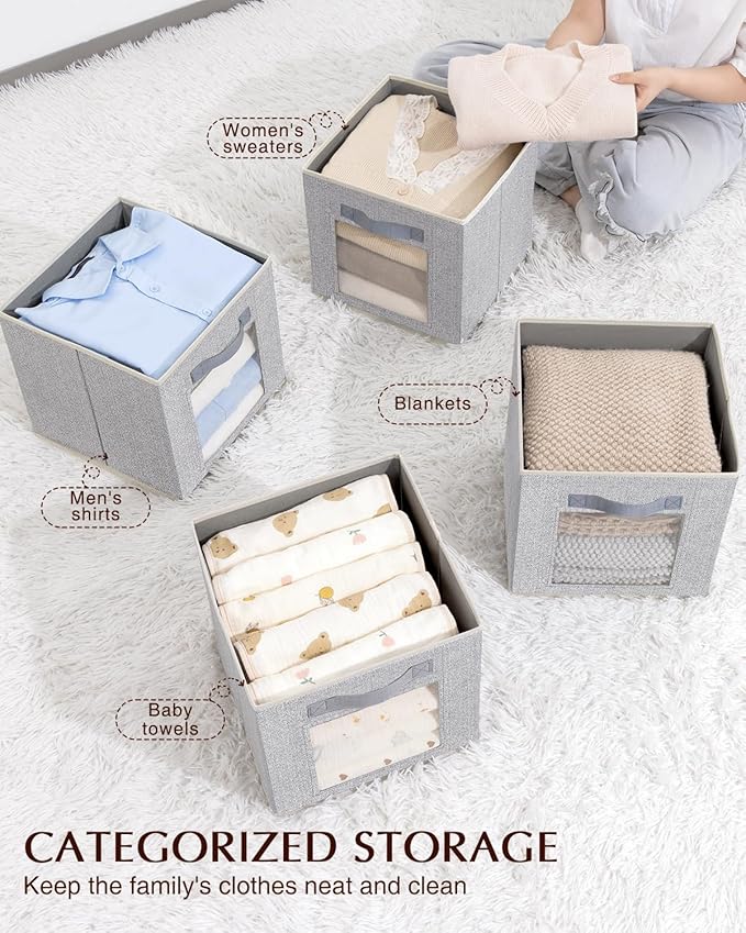 Foldable Storage Cubes - Cubby Storage Organizer with Window, Decorative Fabric Bins for Clothes Storage, Closet Organizers for Shelves, 11inch, Set of 8, Light Grey