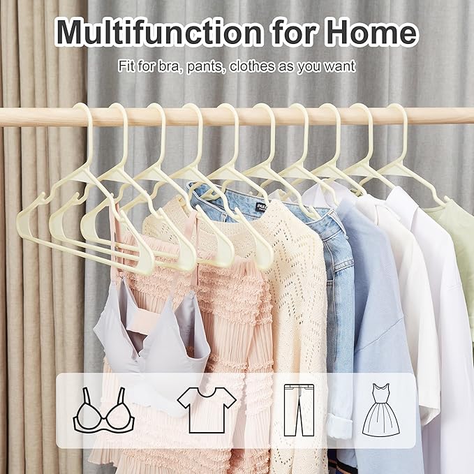 VECELO 50 Pack Plastic Hangers-Clothes Hangers Set with Shoulder Non Slip Notches for Closet Space Saving-Heavy Duty Coat Hanger,Beige