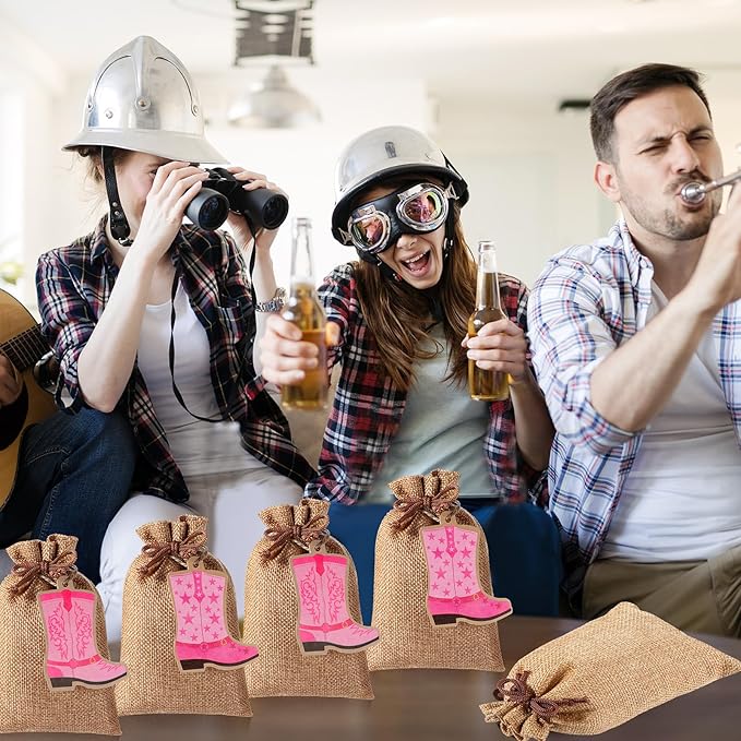 Mooliwe 50 Pcs Burlap Drawstring Bags with Boot Shape Tags, Western Cowgirl Gift Sacks Bulk 4 x 6 Inches Reusable Burlap Candy Pouch for Bachelorette Cowboy Baby Shower Wedding Party Favor(Pink)