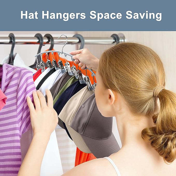 Hat Hangers for Closet, Metal Hat Organizer for Baseball Caps 2 Pack Door Hat Racks for Baseball Caps with 10 Large Clips, Baseball Cap Hangers for Closet Storage, Fits All Caps-Grey, Gray