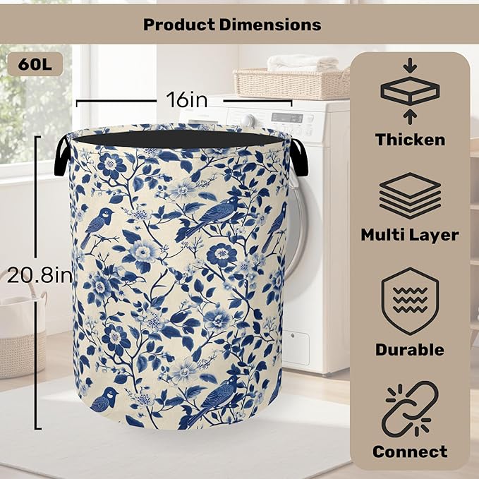 Navy Blue Beige Birds Laundry Basket - Heavy Duty 60L Dirty Clothes Organizer, Water Resistant Foldable Hamper for Men Women