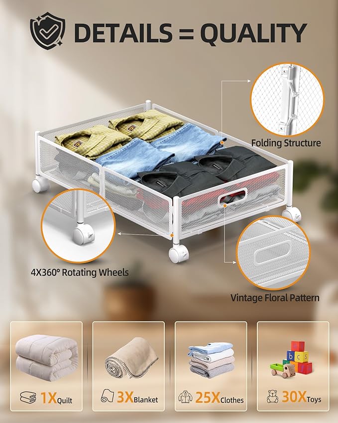 Under Bed Organizer, Storage Bins Under Bed, 60L Underbed Storage Bins for Bedroom Clothes Shoes Blankets (White, 4 Pack)