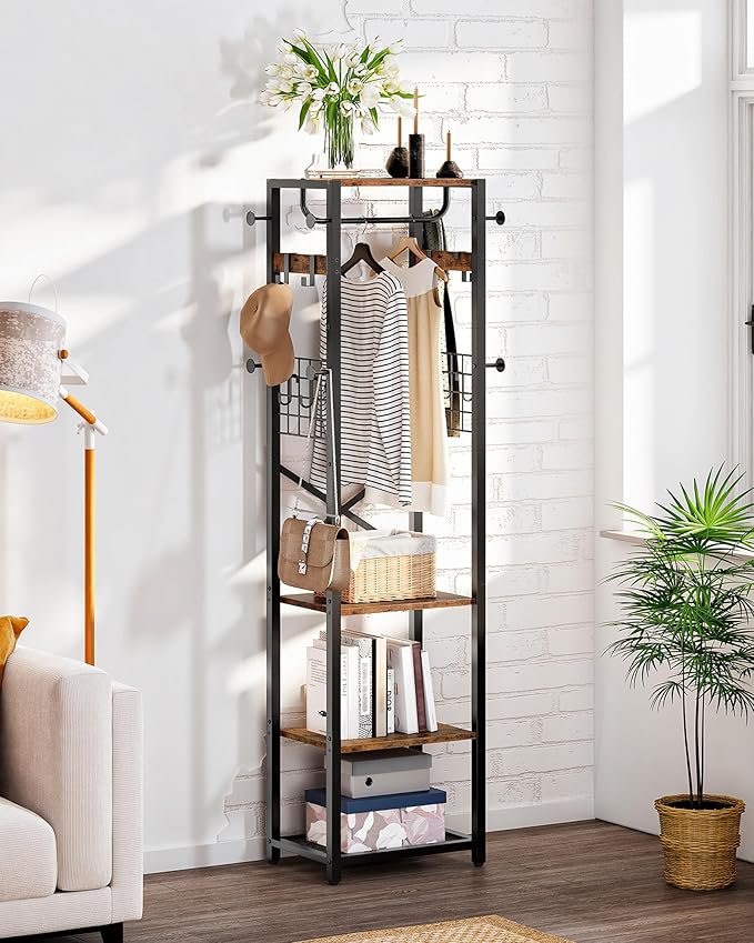 Coat Rack with Shelves, Freestanding Hall Tree, Coat Tree with 16 Hooks and Hanging Rail, Industrial Clothes Stand for Entryway, Hallway, Bedroom, Rustic Brown and Black TYM18BF