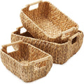 Casafield Set of 3 Water Hyacinth Oval Storage Baskets with Wooden Handles - Small, Medium, Large - Woven Nesting Basket Organizers